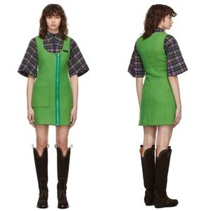Ganni Womens Green Zip Up Asymmetric Recycled Wool Mini Dress Mod Sz 42 L